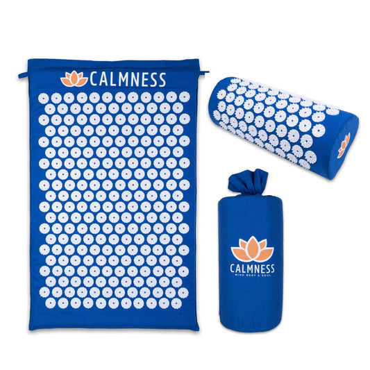 Set of blue Calmness Acupressure Mat, Pillow, and storage bag - Calmness for a complete relaxation set