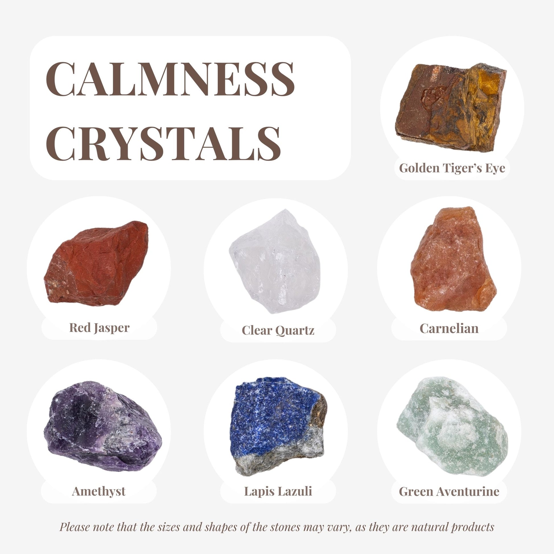 Seven Calmness Crystals including Golden Tiger's Eye, Red Jasper, Clear Quartz, Carnelian, Amethyst, Lapis Lazuli, and Green Aventurine