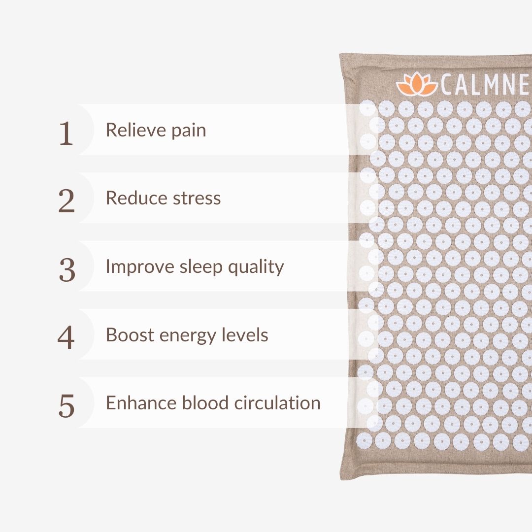 Calmness Eco Acupressure Mat with 5 benefits: relieve pain, reduce stress, improve sleep quality, boost energy levels, and enhance blood circulation