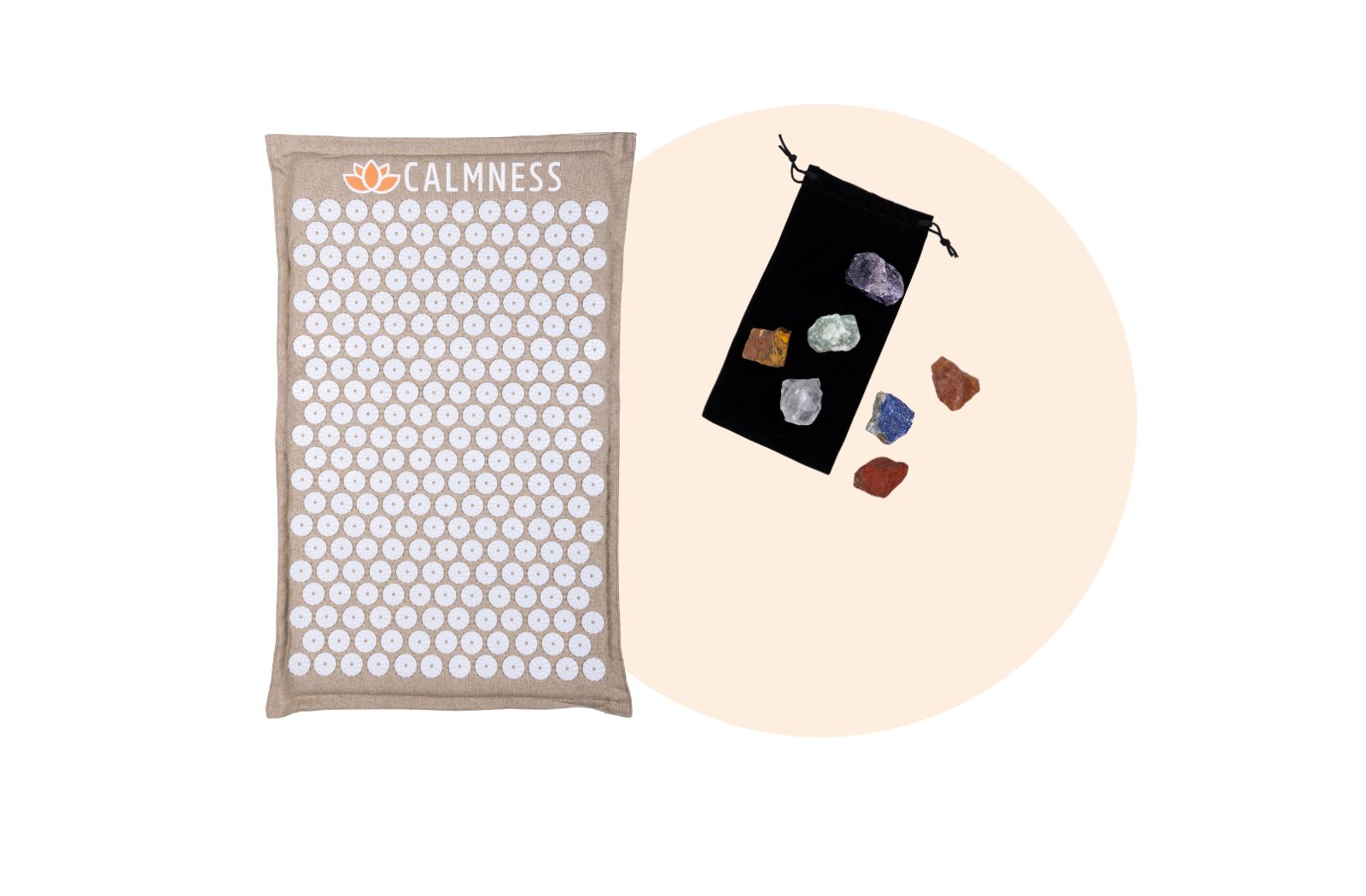 Calmness Eco Acupressure mat and Calmness Crystals displayed on a black velvet pouch, offering a holistic approach to relaxation and mindfulness