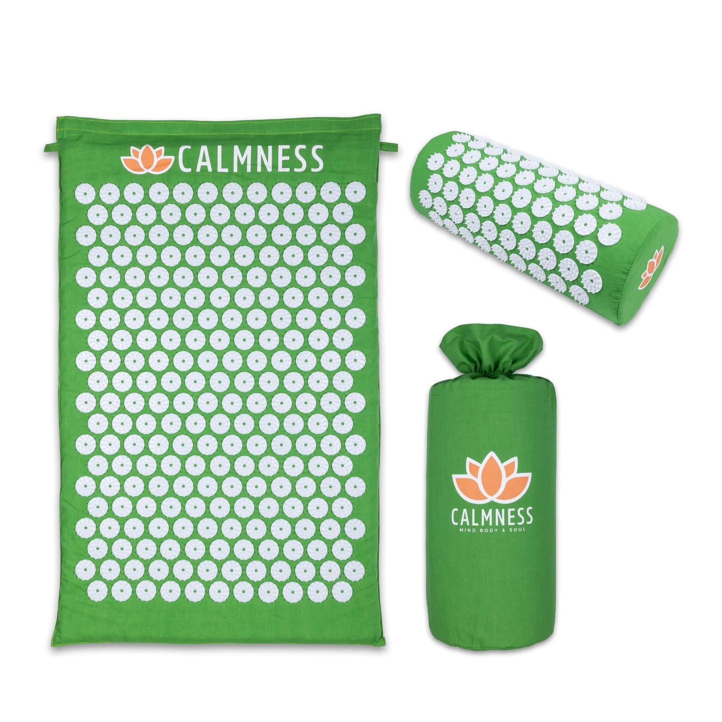 Set of green Calmness Acupressure Mat, Pillow, and storage bag - Calmness for a complete relaxation set