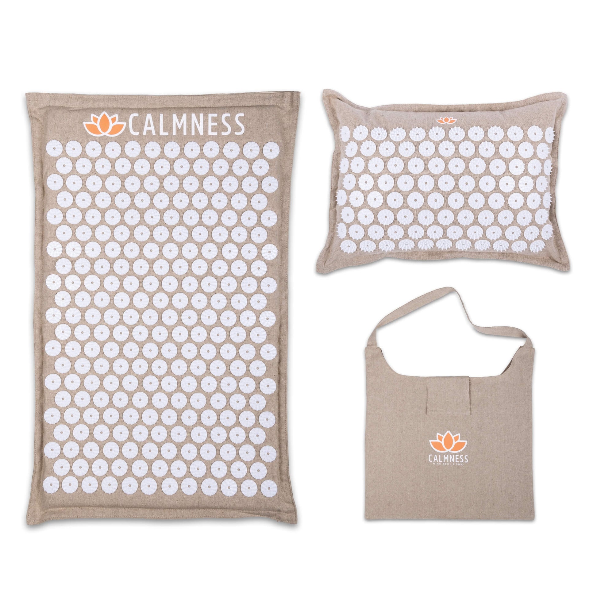 Set of beige linen Calmness Eco Acupressure Mat, Pillow, and Carrying bag, front view - Calmness for a complete relaxation experience