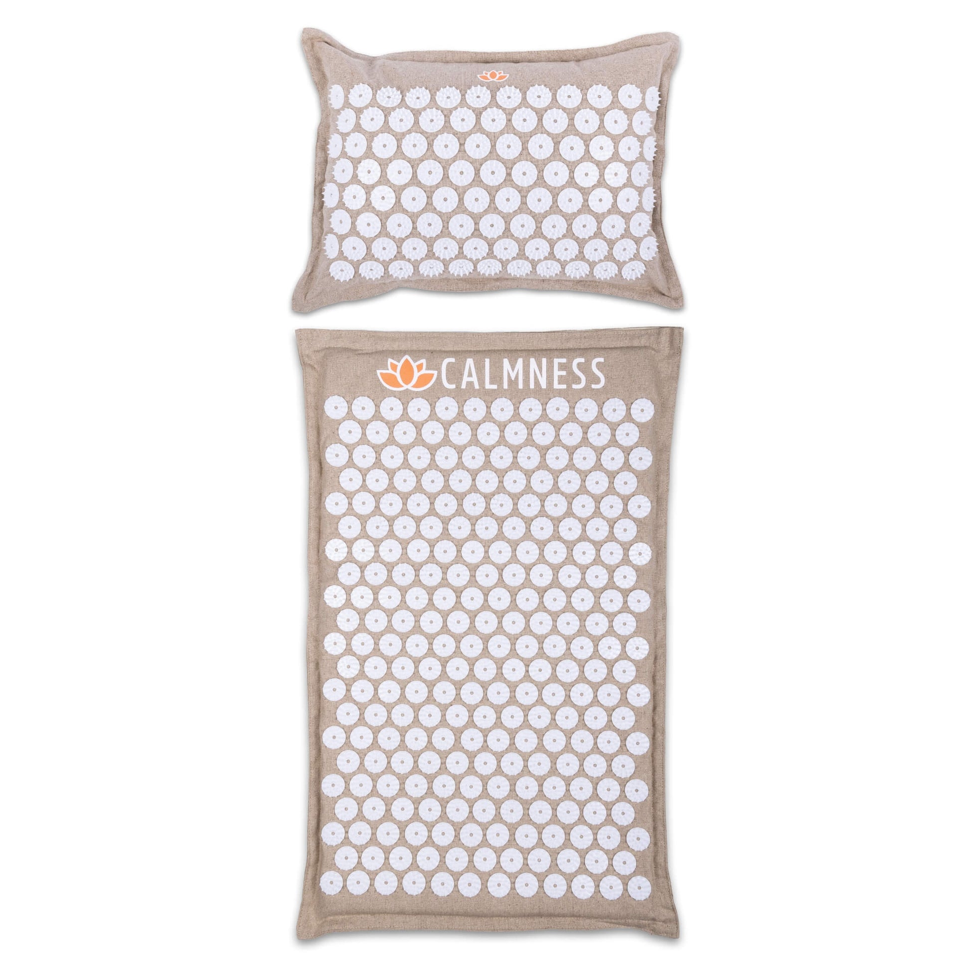 Set of beige linen Calmness Eco Acupressure Mat and Pillow, front view - Calmness for complete relaxation